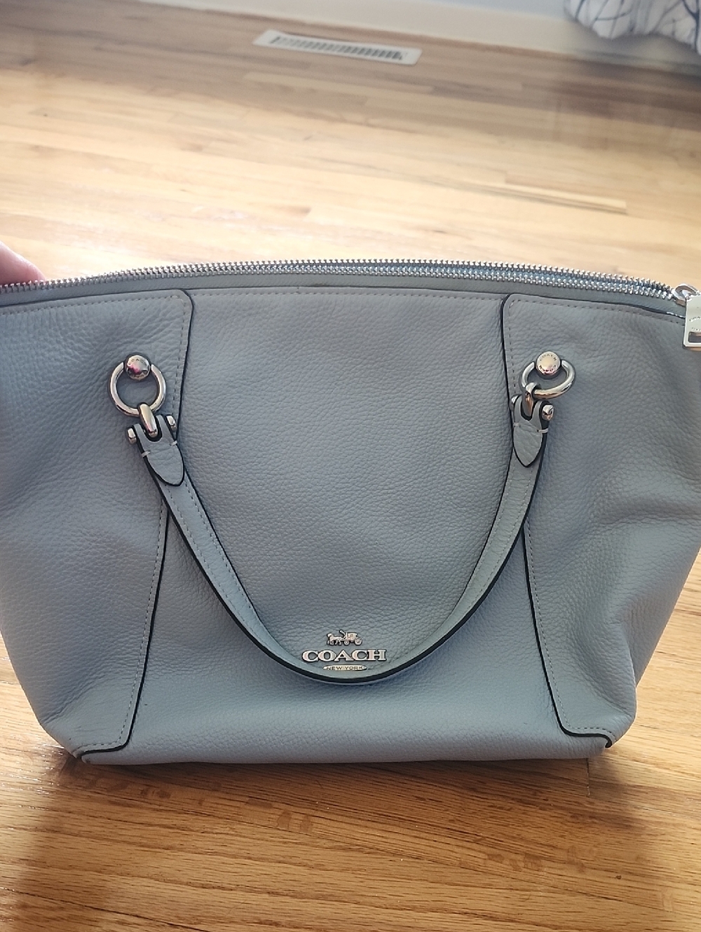 Coach Light Blue Pebbled Leather Top-Zip Tote with Silver Hardware